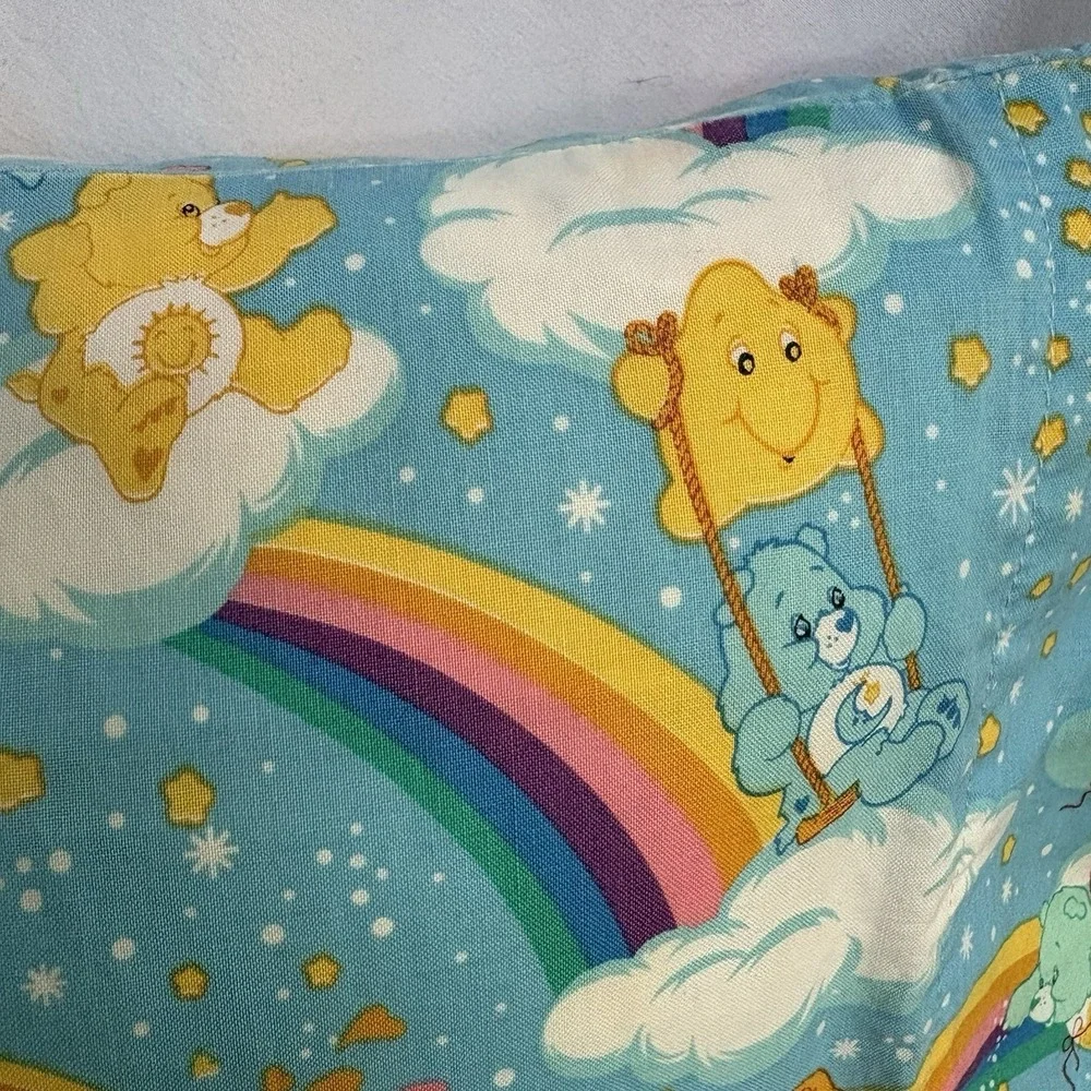 Handmade Care Bears Pillowcase Rainbow Clouds Hearts Blue 17x11 Kids Bedding